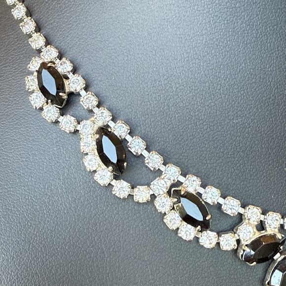 Vintage Tiara Style Black Marquise & Clear Round Rhinestones Choker Necklace 15” - Picture 4 of 5